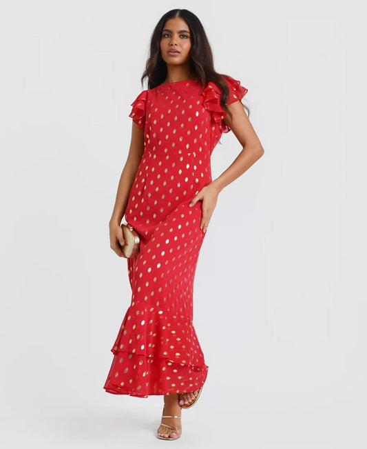 FLUTTER SLEEVE MAXI FOIL MAXI DRESS RED