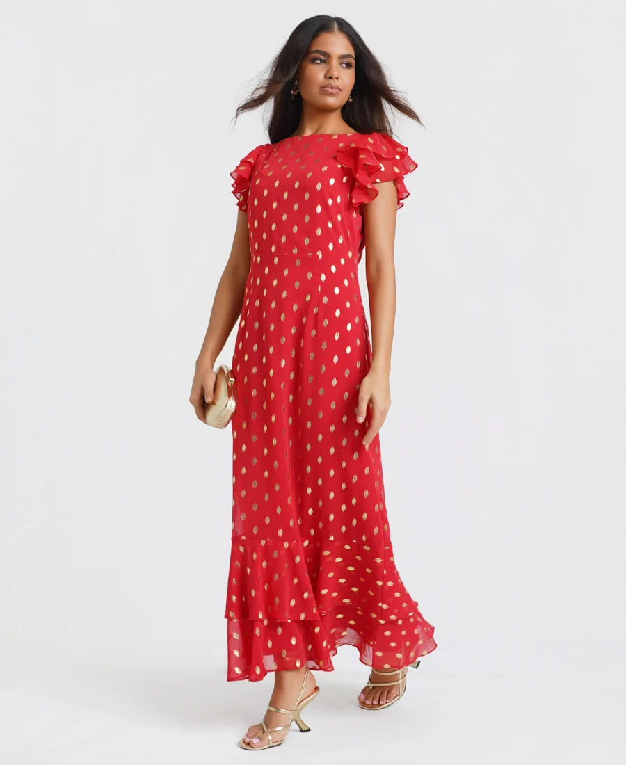 FLUTTER SLEEVE MAXI FOIL MAXI DRESS RED