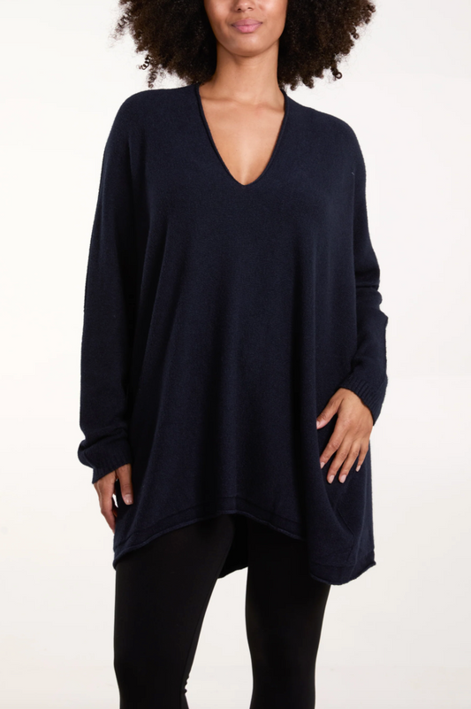 CLAUDE OVERSIZED V-NECK FINE KNIT NAVY