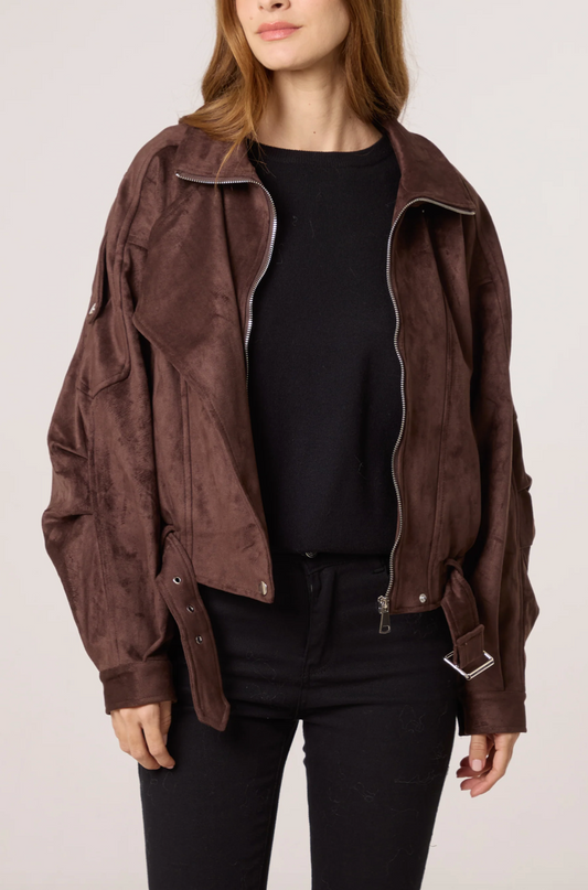 BELTED BIKER JACKET CHOCOLATE
