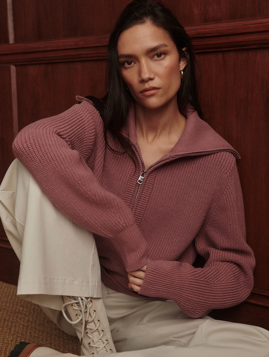 MAURA 1/2 ZIP KNIT RIB WISTFUL MAUVE