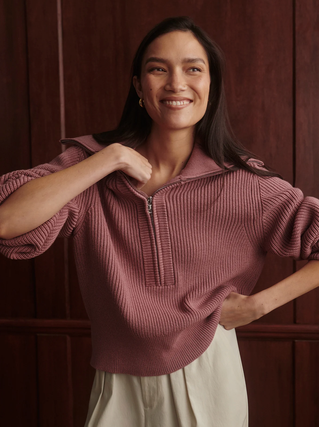 MAURA 1/2 ZIP KNIT RIB WISTFUL MAUVE