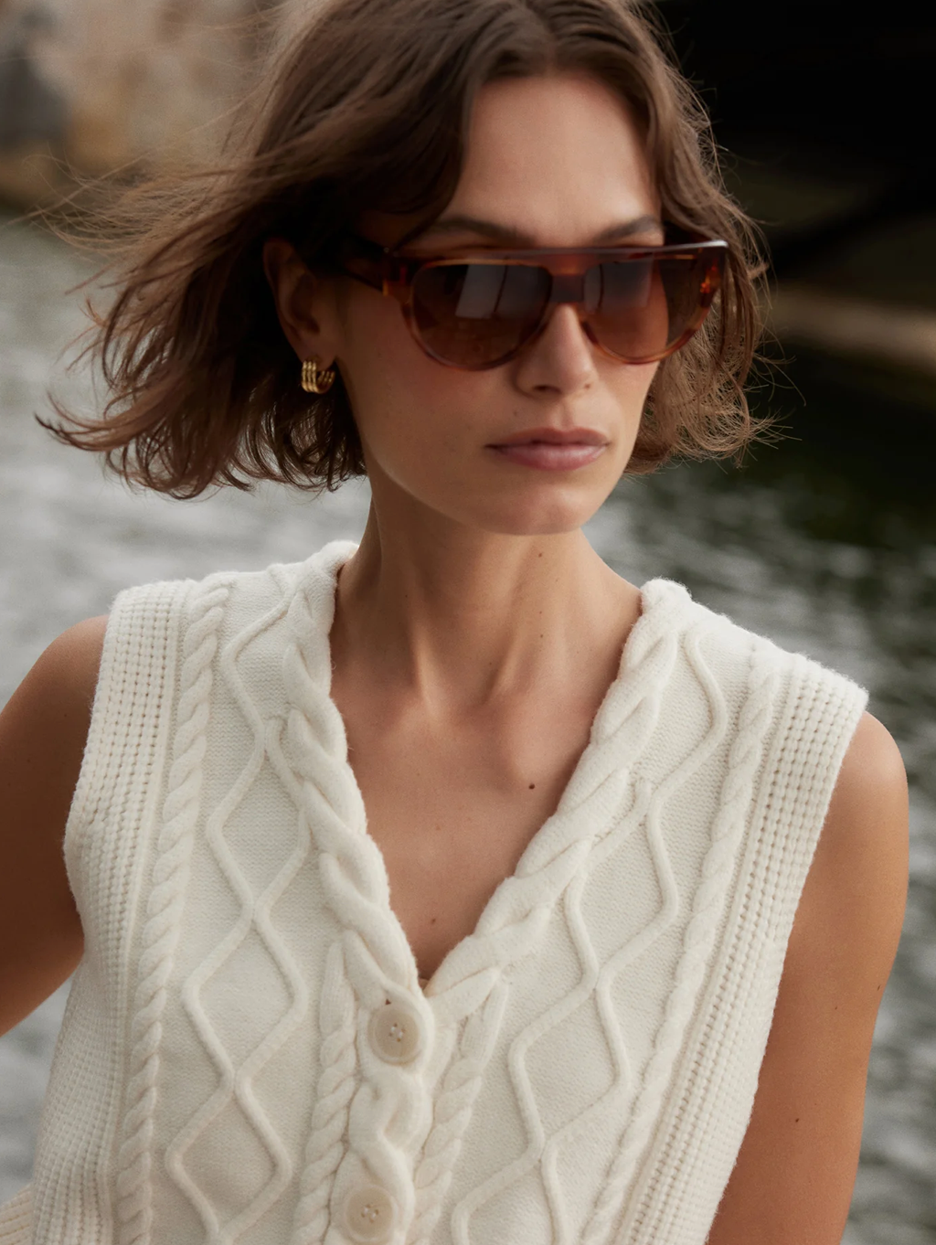TATYANA CABLE KNIT VEST EGRET