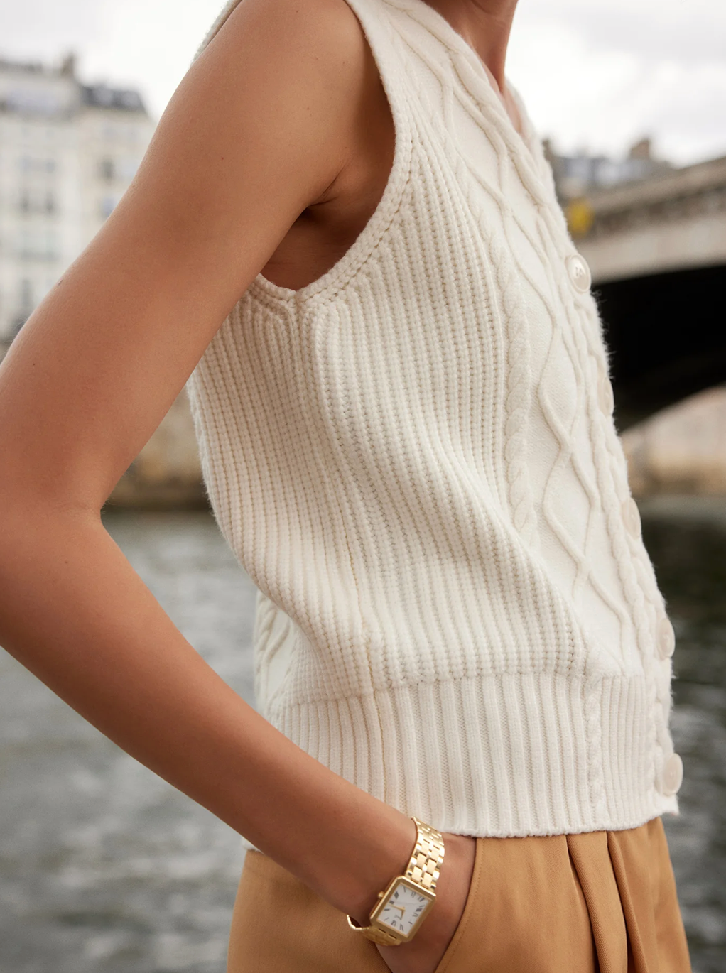 TATYANA CABLE KNIT VEST EGRET
