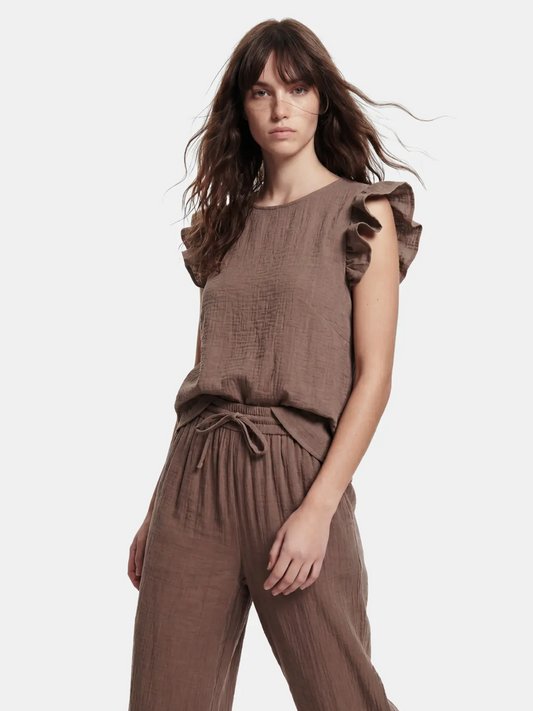 ASTINA FRILL SLEEVE TOP COFFEE QUARTZ