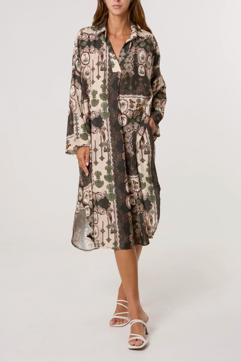 PATCHWORK PALM TREE DRESS GREEN