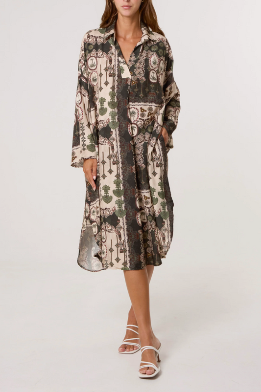 PATCHWORK PALM TREE DRESS GREEN