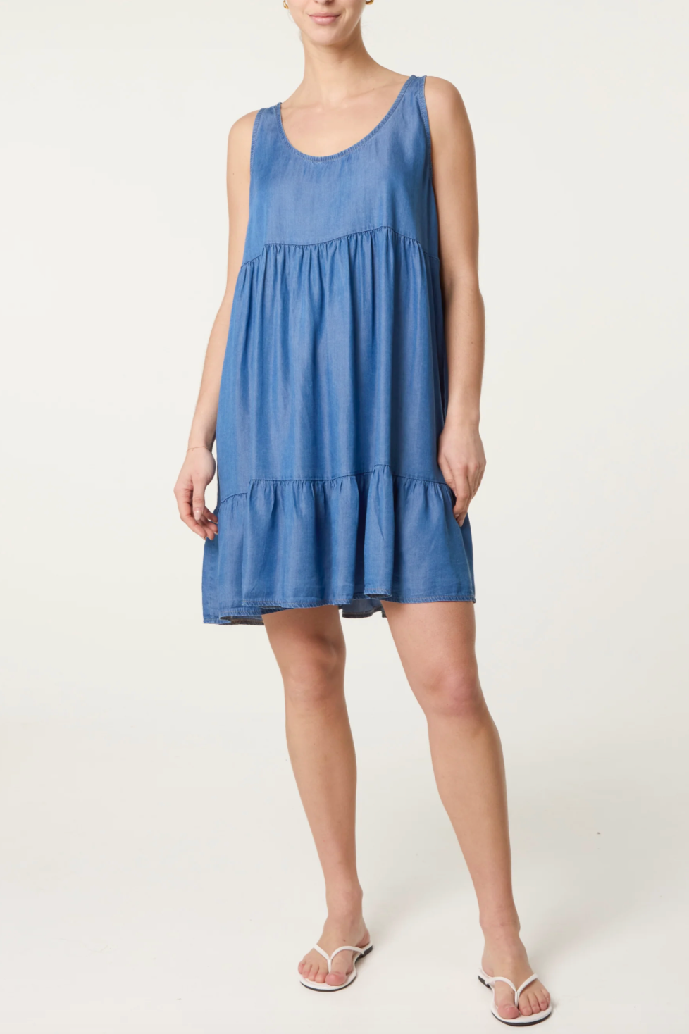 SLEEVELESS TIERED DRESS DENIM