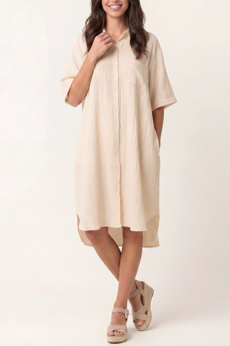 COTTON BUTTON THROUGH SHIRT DRESS BEIGE