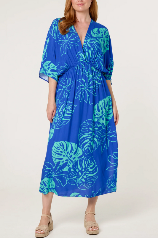 TROPICAL LEAF DRESS BLUE AQUA