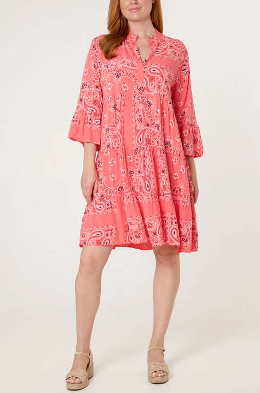 BANDANA SMOCK DRESS CORAL
