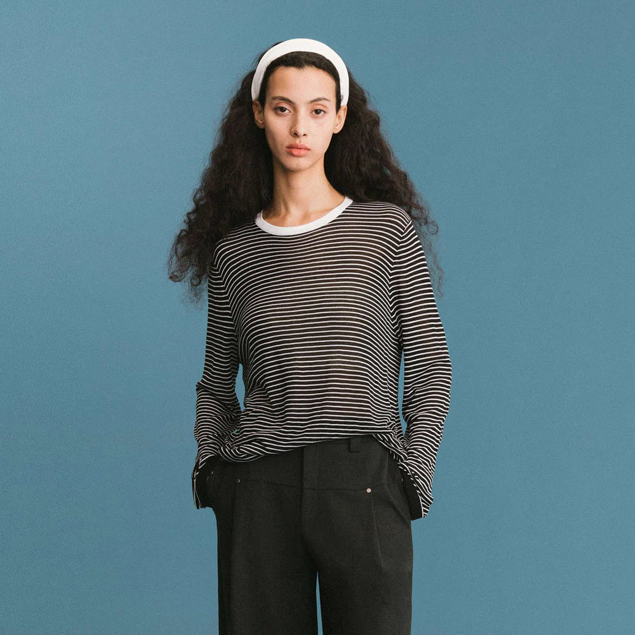SLOUCHY STRIPEY LS TOP BLACK