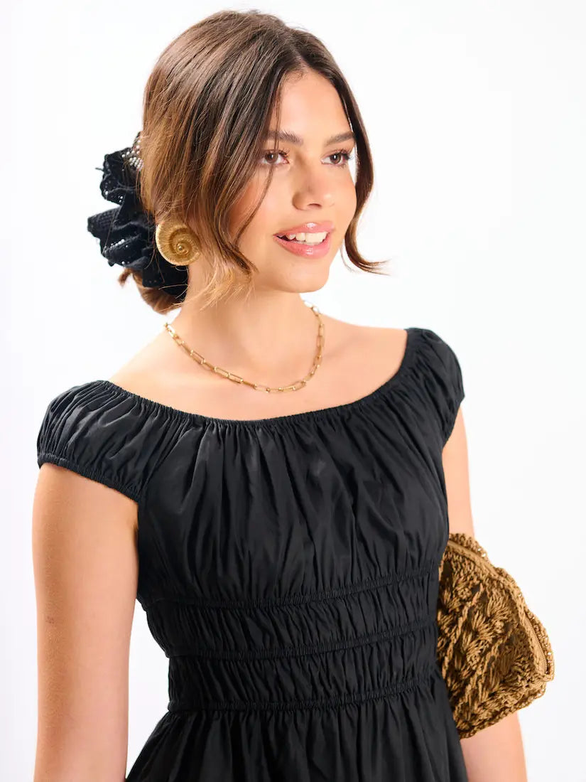 SHIRRED BARDOT MIDI DRESS BLACK