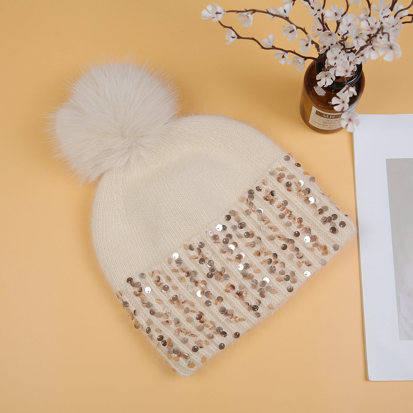 GLAM GLITTER POM POM BEANIE SAND