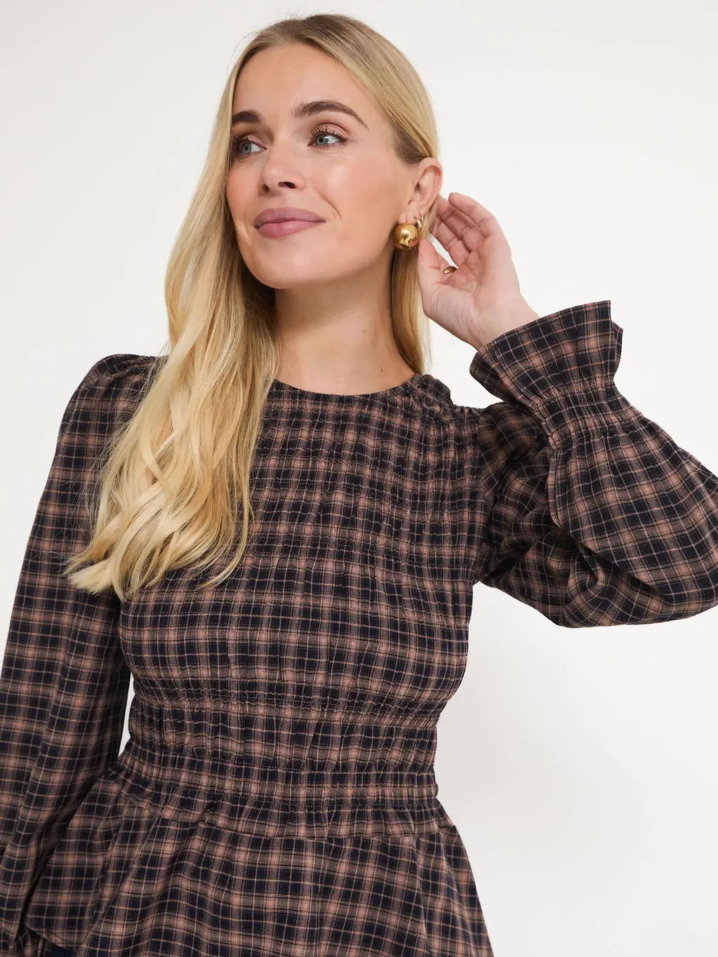 ELSA GINGHAM TOP BROWN NAVY