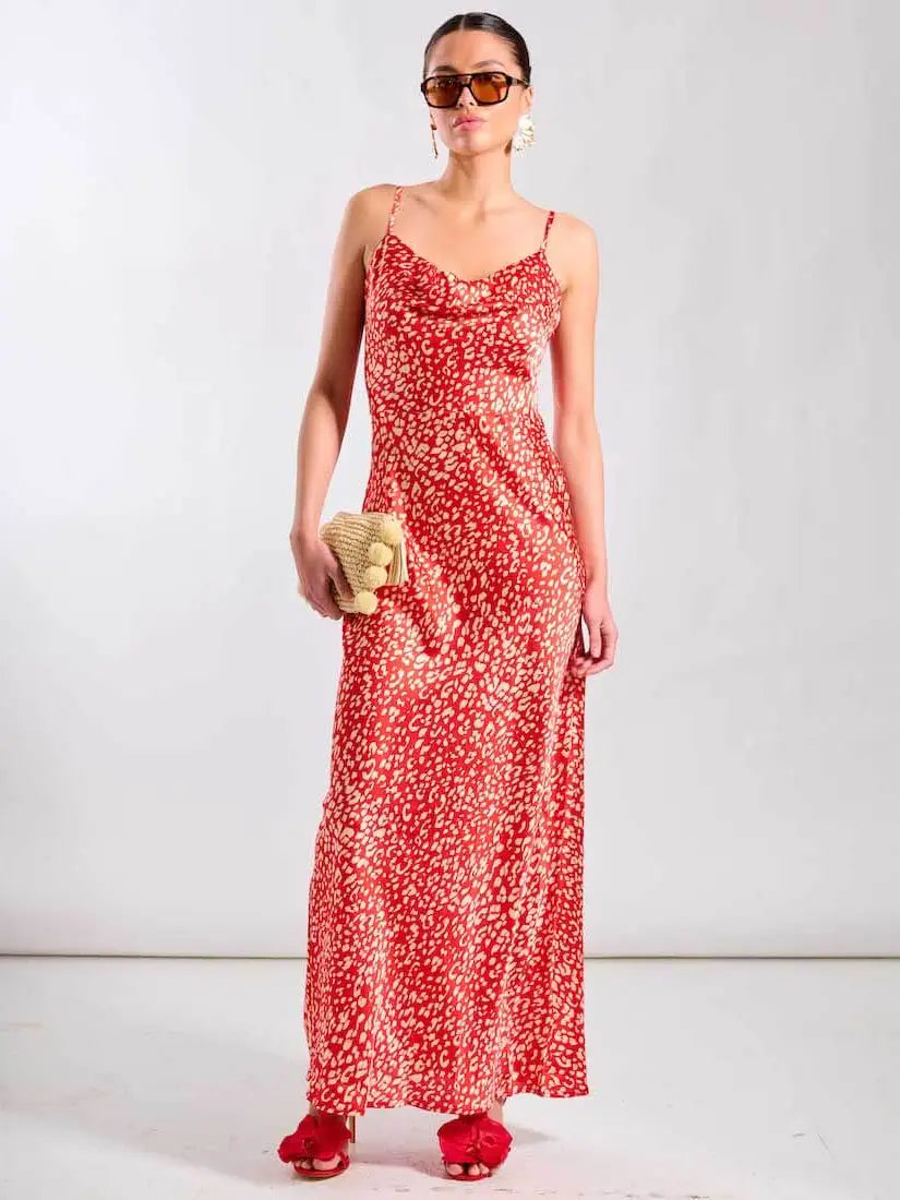 RED LEOPARD COWL MAXI