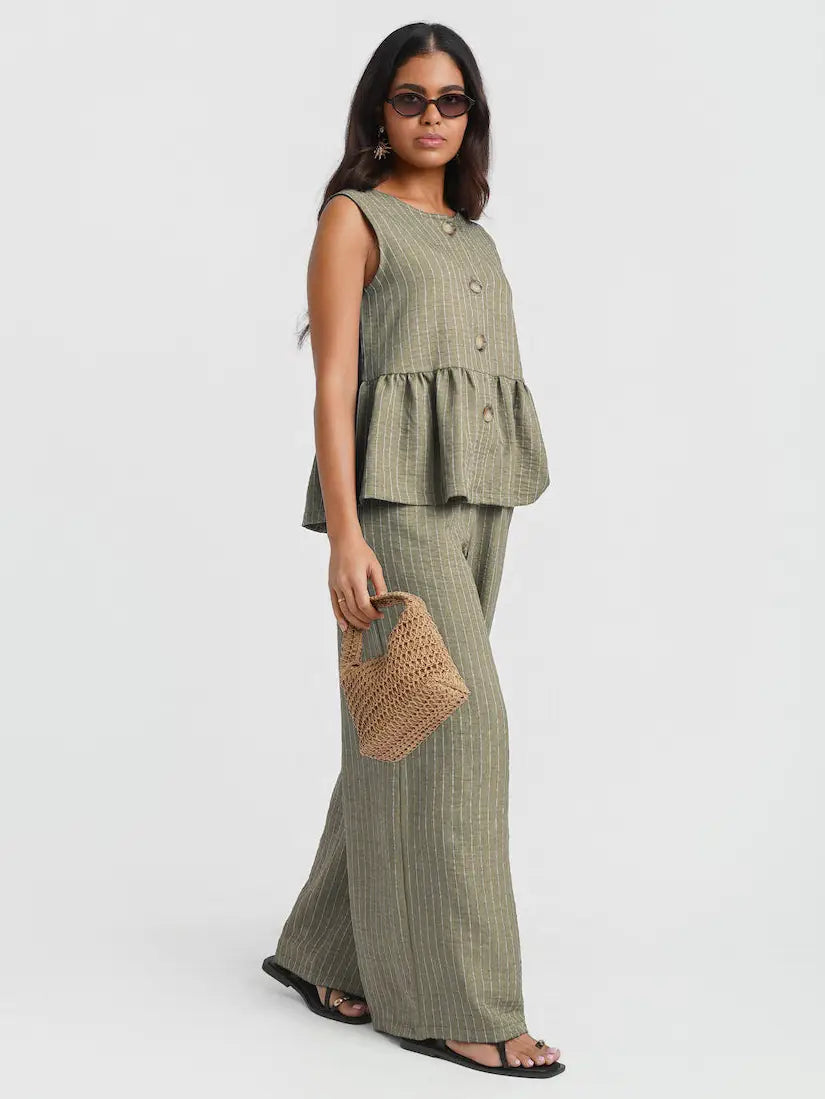 KHAKI STRIPE PEPLUM TOP