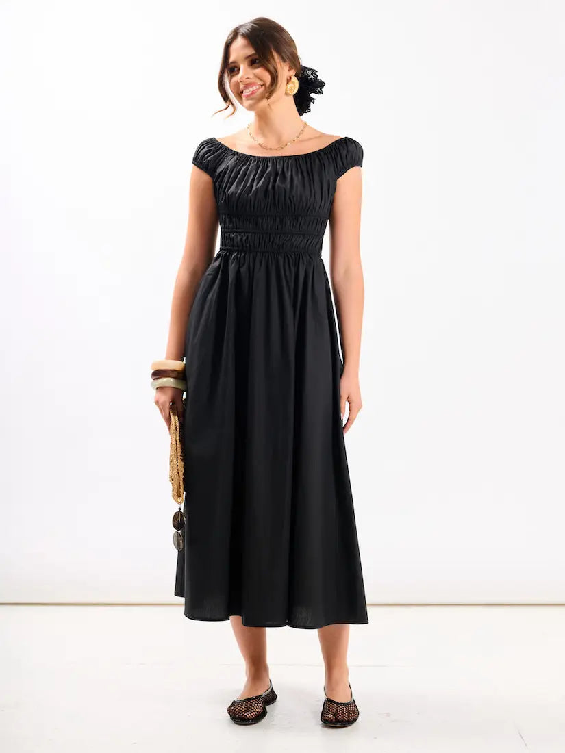SHIRRED BARDOT MIDI DRESS BLACK