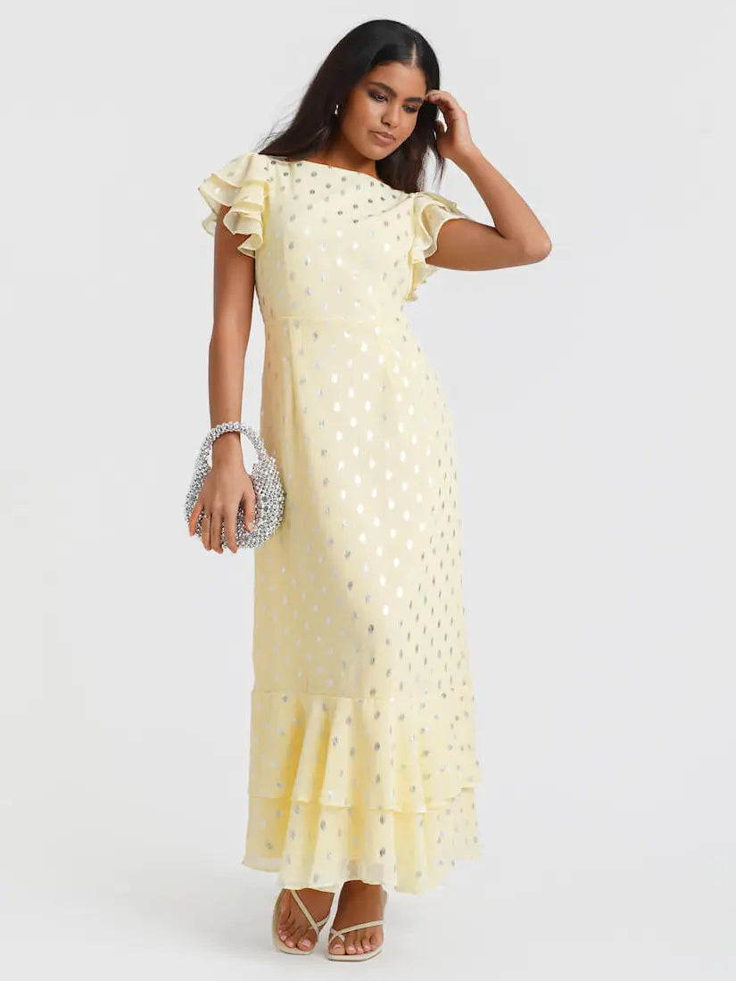 FLUTTER SLEEVE MAXI FOIL MAXI DRESS CANARY