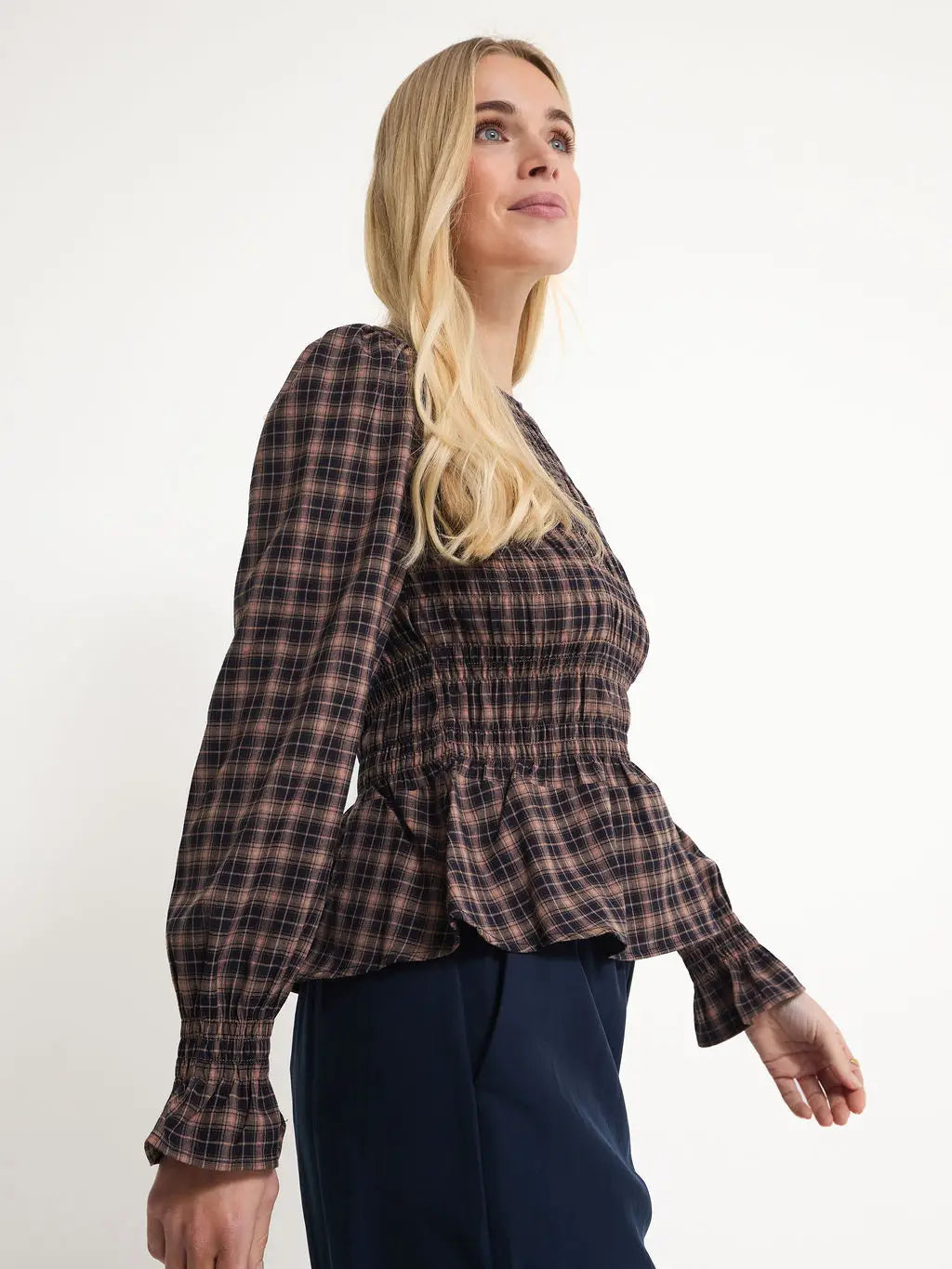 ELSA GINGHAM TOP BROWN NAVY