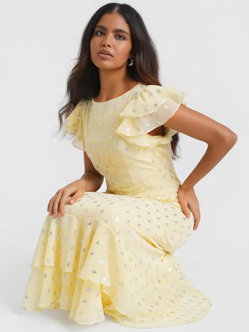 FLUTTER SLEEVE MAXI FOIL MAXI DRESS CANARY