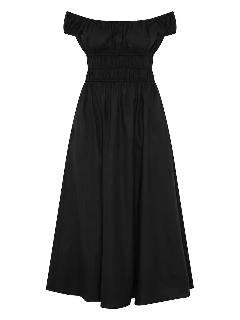 SHIRRED BARDOT MIDI DRESS BLACK