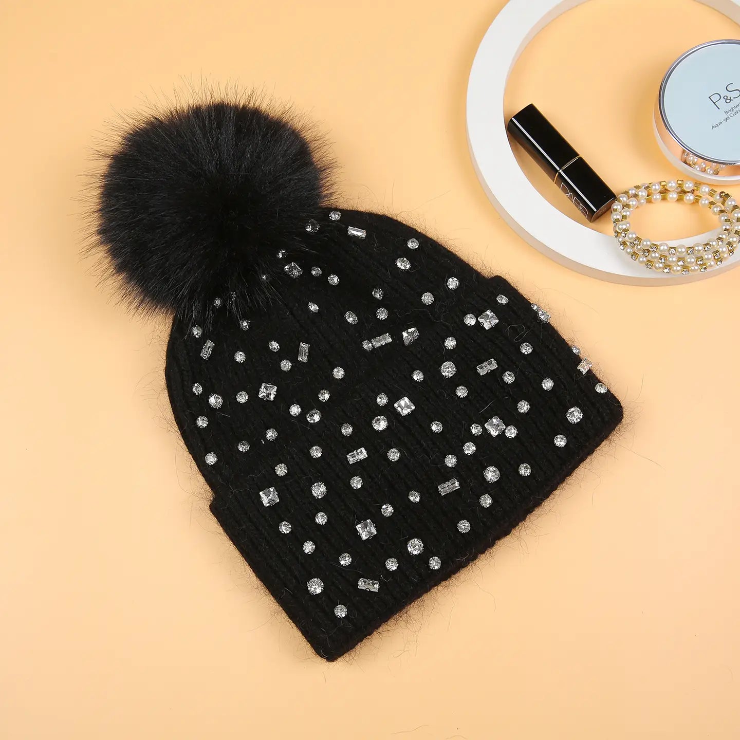 SPARKY GEM POM POM BEANIE BLACK