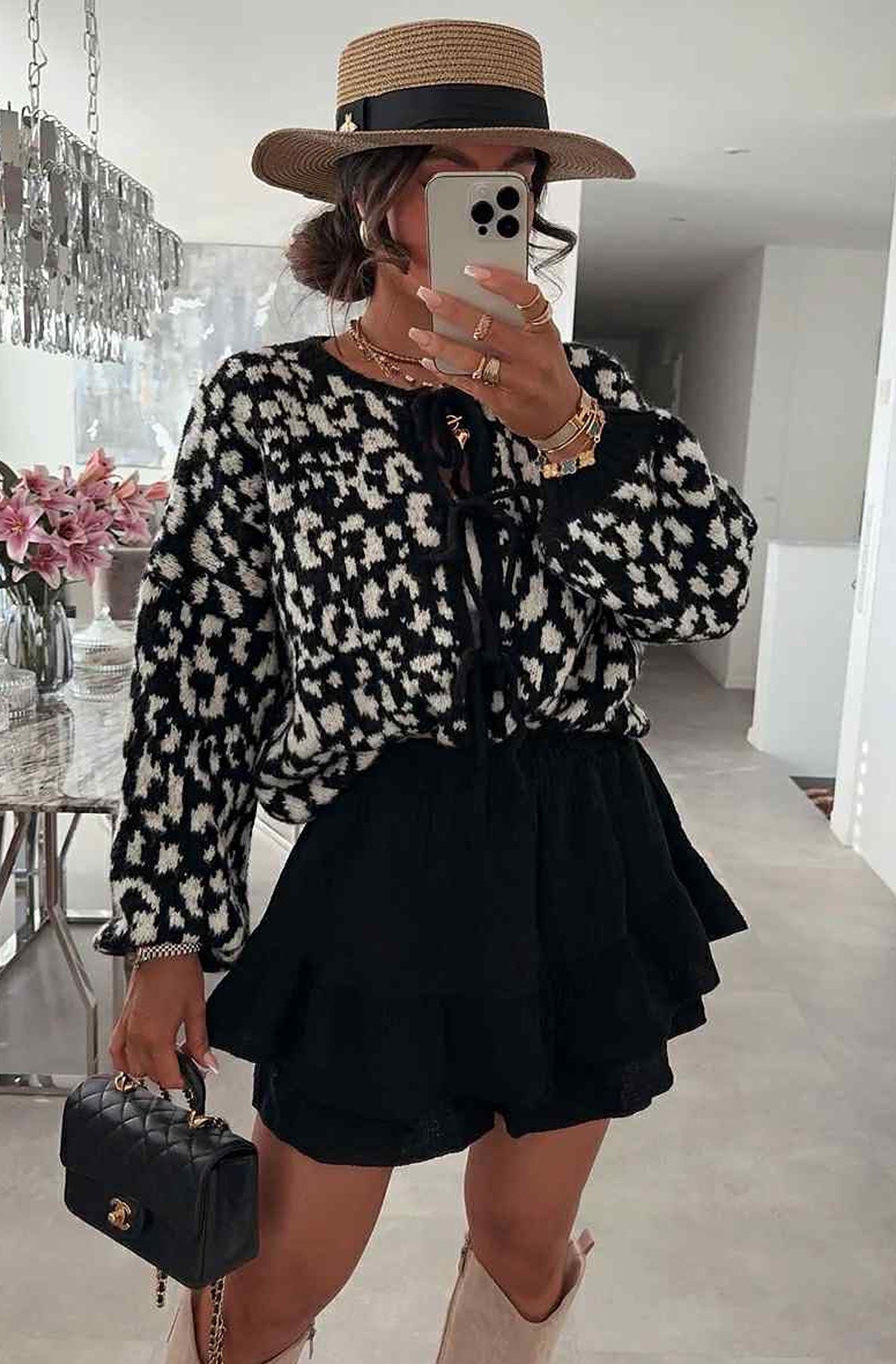 NELLY TIE CARDIGAN LEO BLACK WITH IVORY SPOTS