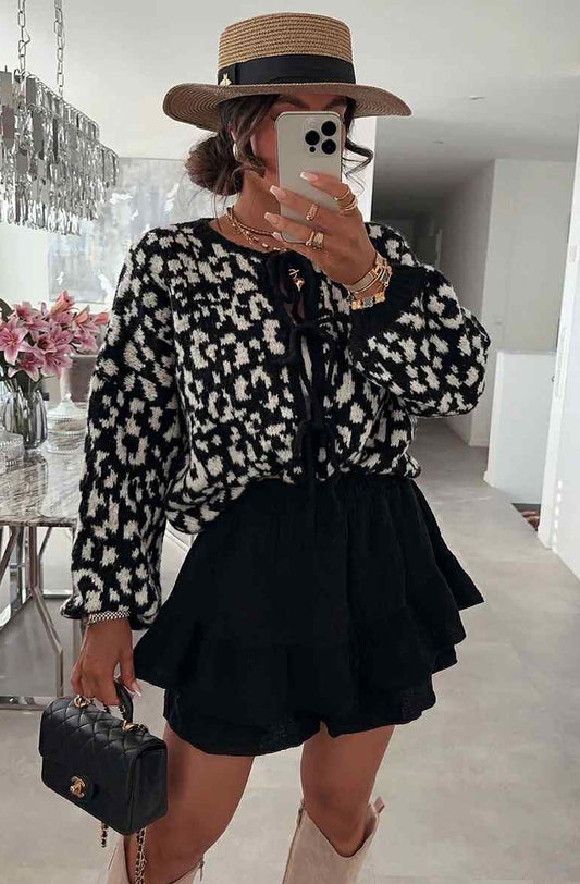 NELLY TIE CARDIGAN LEO BLACK WITH IVORY SPOTS