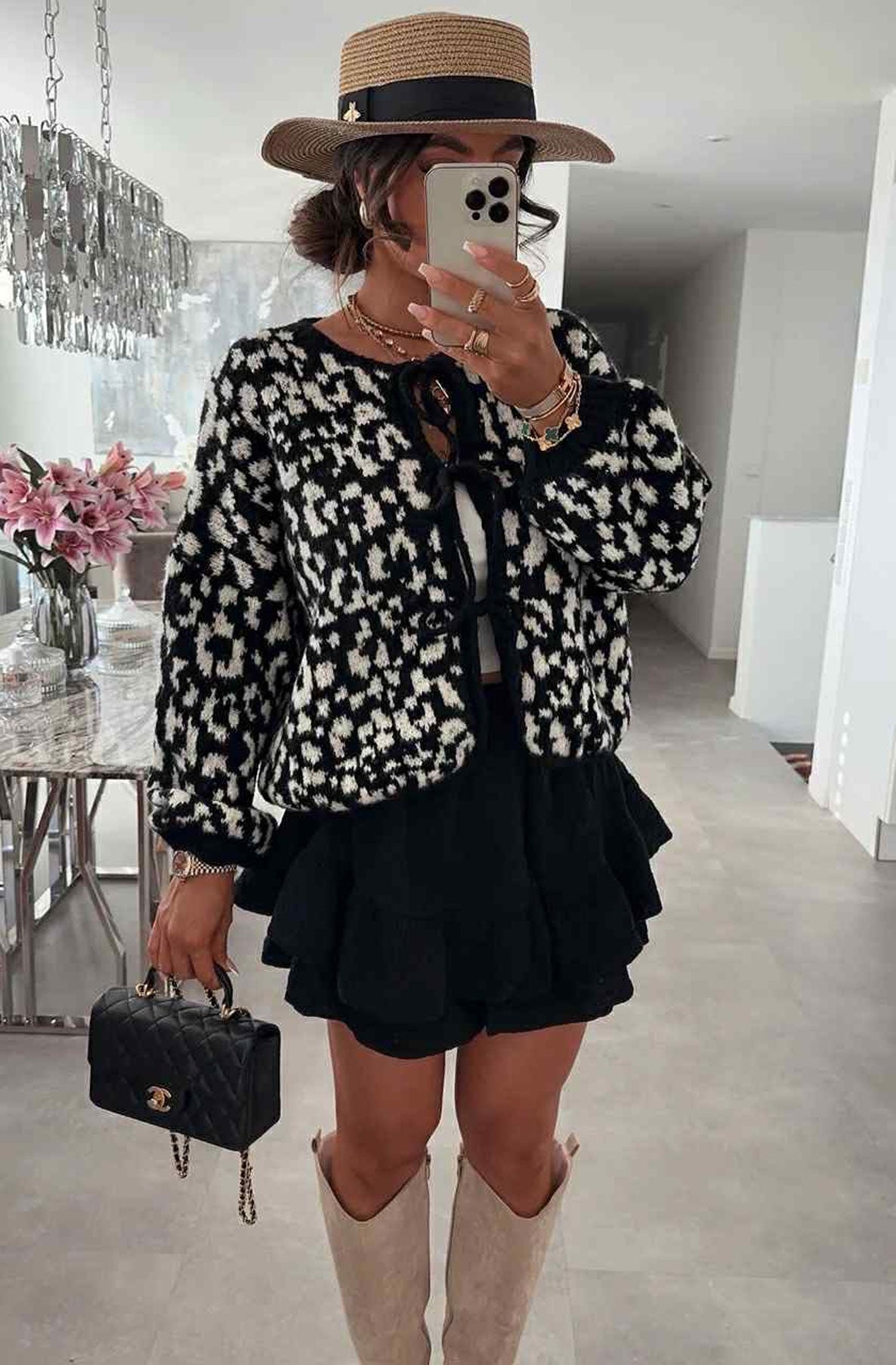 NELLY TIE CARDIGAN LEO BLACK WITH IVORY SPOTS