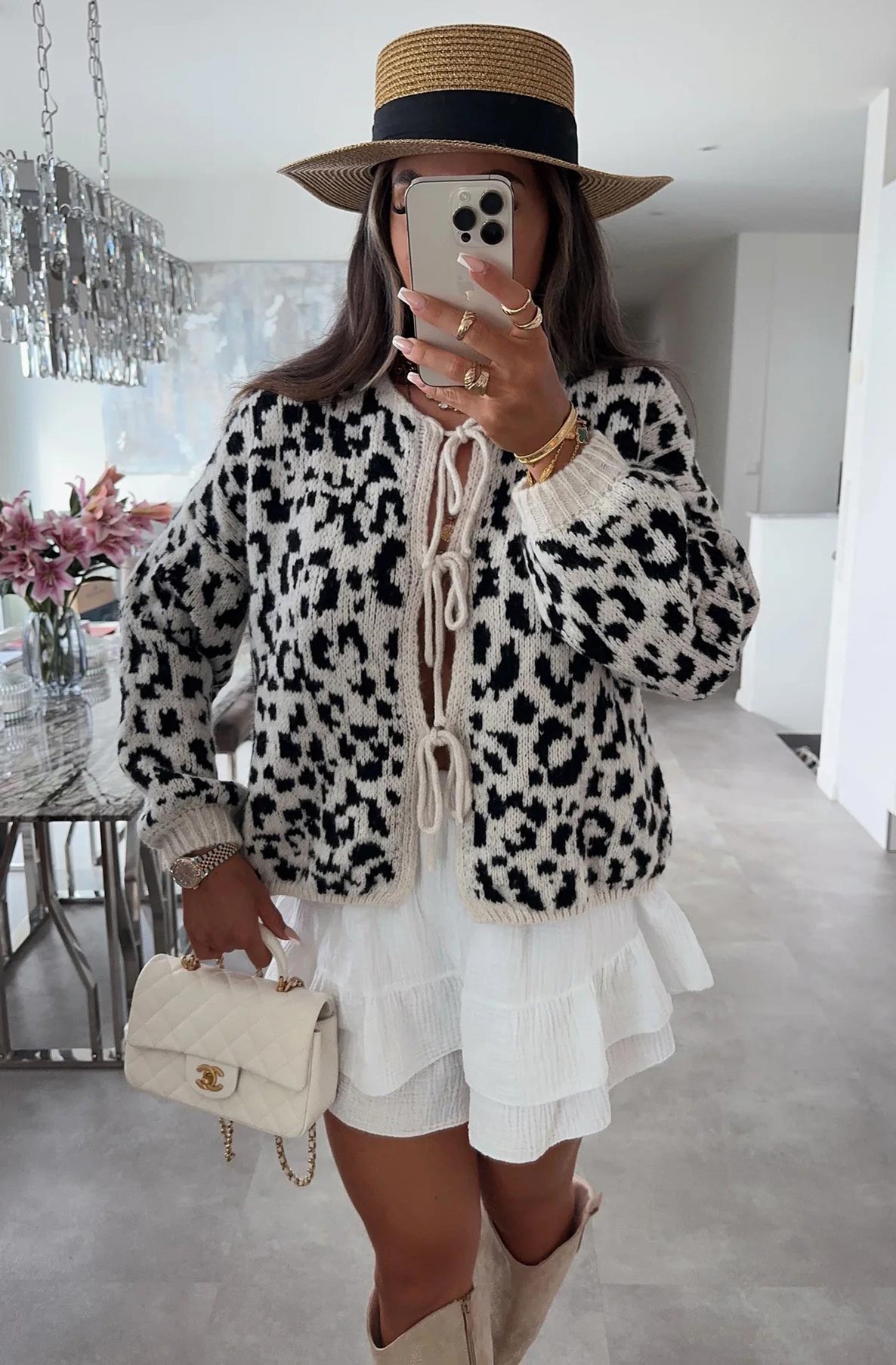 NELLY TIE CARDIGAN LEO IVORY WITH BLACK SPOTS